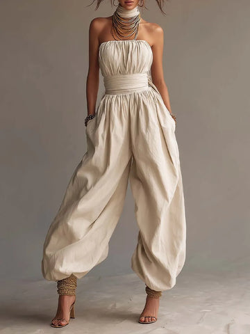 Macacão Tomara-que-caia de Algodão Estilo Boho com Pernas Balonê