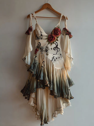 Vestido com costura irregular tema musical retrô elegante dd94