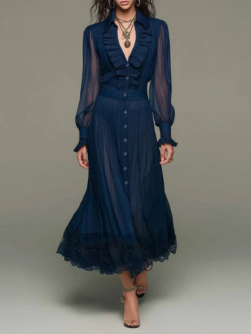 Vestido Plissado Midi em Chiffon Azul Sereno com Elegância Vintage