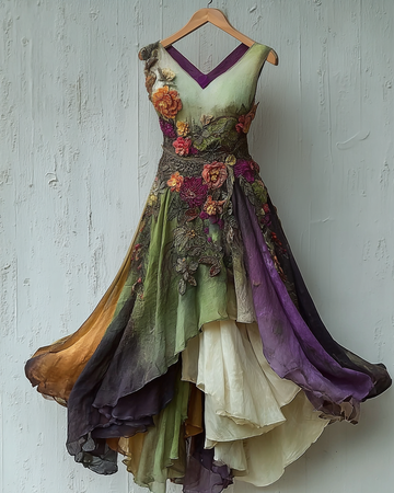 Vestido Elegante de Renda Verde e Roxa 7cdd