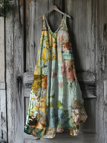 Vestido Midi Regata de Linho Estampado Floral Vintage fc78