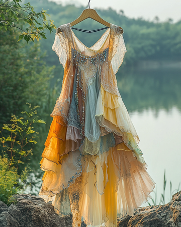 Vestido de babados e contas irregular de renda com patchwork de verão 3b26