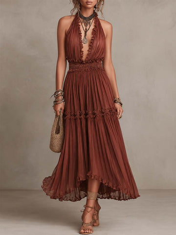 Vestido Midi Bohemian Rust de Chiffon Franzido com Gola Halter e Camadas