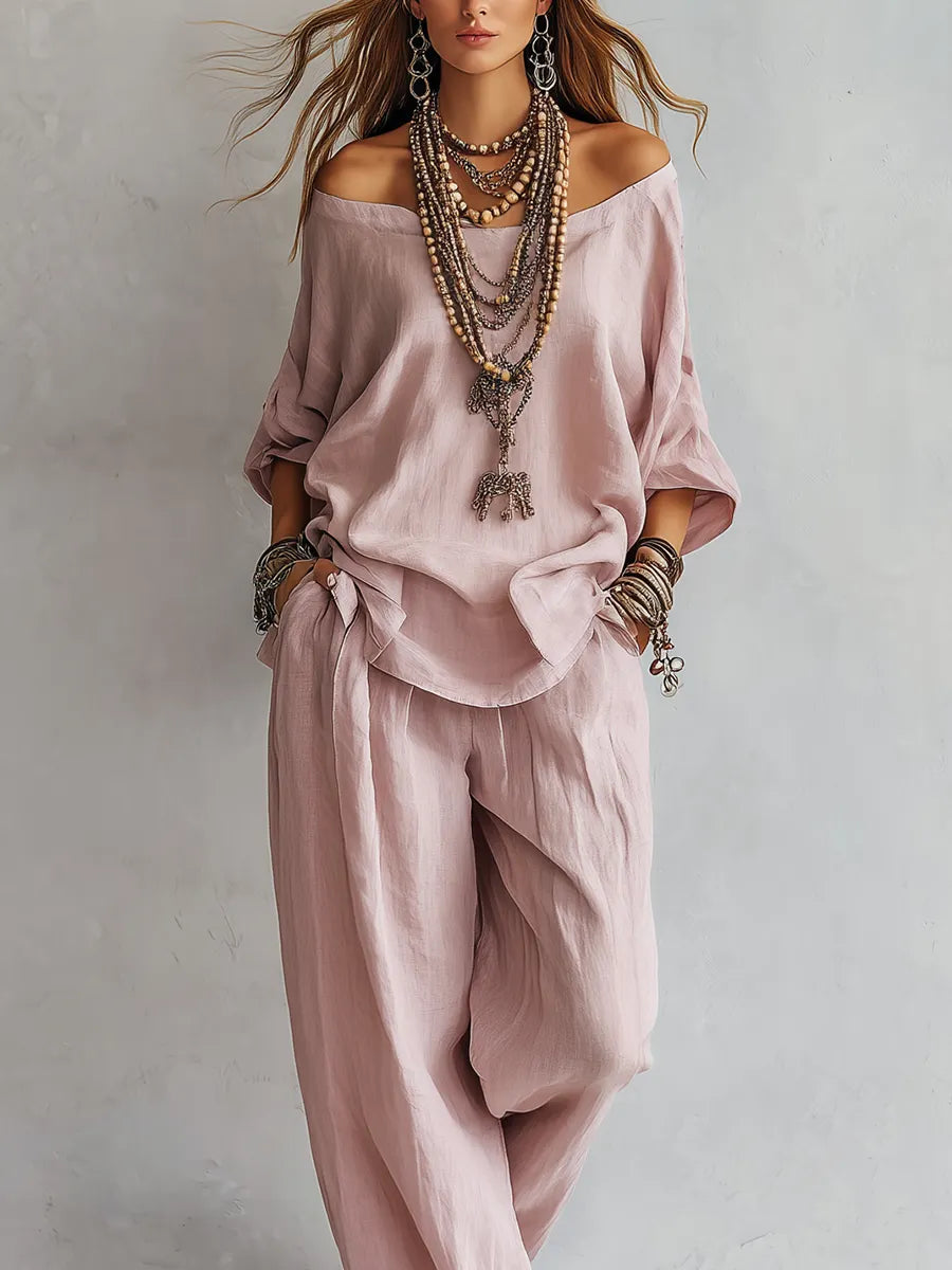 Ensemble décontracté pantalon large et chemise en lin rose pâle