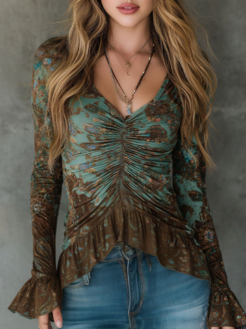 Blusa Boho Drapeada com Babado Floral Sálvia e Bronze