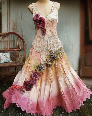 Vestido de linho confortável com patchwork de renda e bordado floral de verão 4cb2