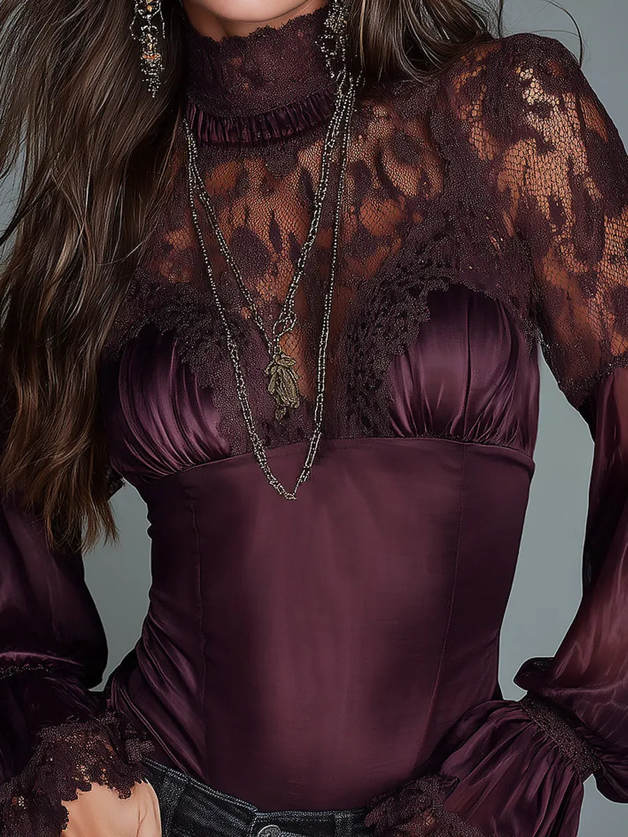 Vintage Lace Paneling Satin Blouse With Lantern Sleeves