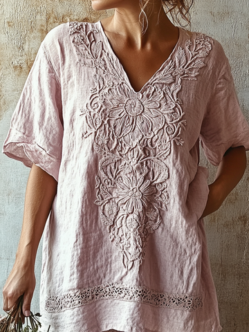 Camiseta Vintage Floral Renda Artística Confortável Gola V 987f