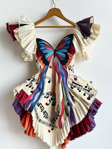 Vestido de Costura Irregular com Tema Musical Retrô Elegante f256