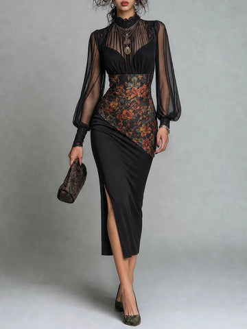 Vintage Floral Print Sheer Mesh Long Sleeve Midi Dress With Side Slit