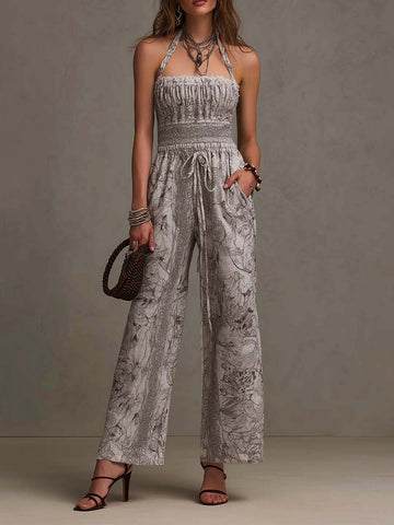 Off-White Sketch Print Cotton-Blend Halter Smocked-Waist Wide-Leg Jumpsuit