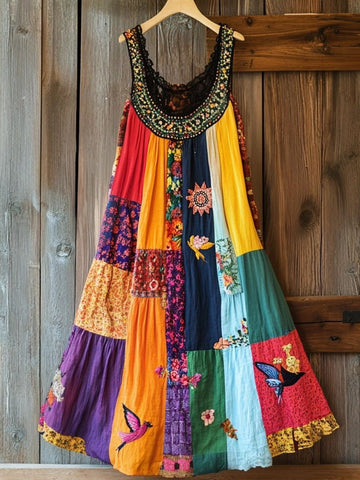 Vestido Boho de Linho com Patchwork Floral Bordado a7fb