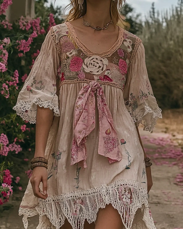 Minivestido de Linho Floral Bordado com Renda e Patchwork 4b1d