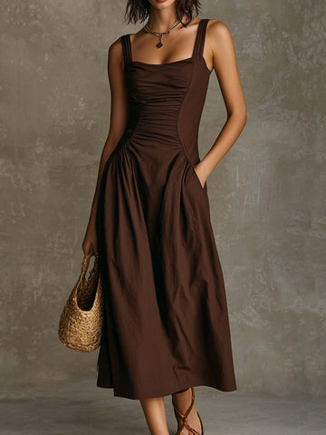 Light Boho Ruched-Front Cotton-Linen Midi Dress