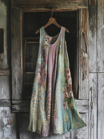 Vestido Midi Regata em Linho Misto com Estampa Floral Vintage