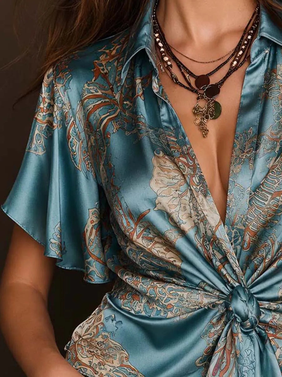 Chemisier en satin à col et manches papillon, imprimé paisley, avec nœud à nouer sur le devant