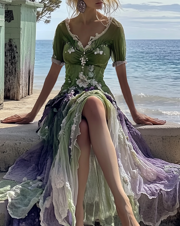 Robe à volants ombrée et brodée de motifs floraux, collection Été  a46f