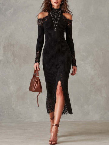Vestido Midi de Malha com Renda Vintage e Ombros Vazados