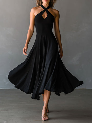 Vestido Midi Retrô Preto de Alcinha com Amarração Cruzada e Saia Evasê
