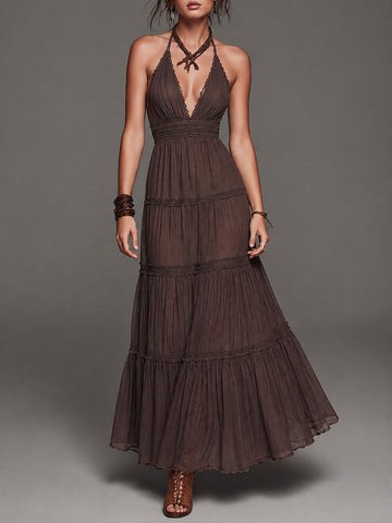 Vestido longo de chiffon amassado estilo férias com acabamento de renda