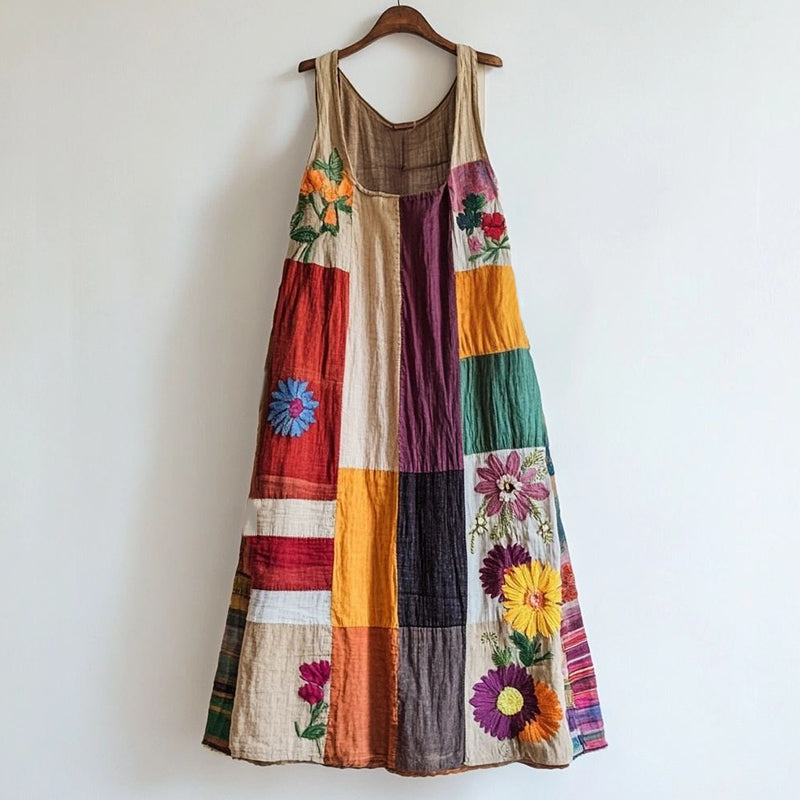 Vestido de linho com patchwork e bordado floral colorido