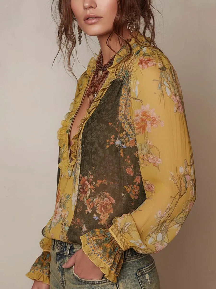 Blouse en mousseline florale à volants et fermeture éclair devant