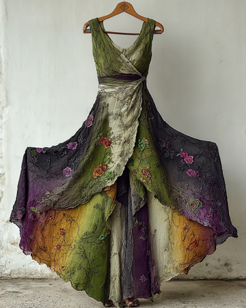 Vestido Vintage Elegante em Renda Verde e Roxa 383d