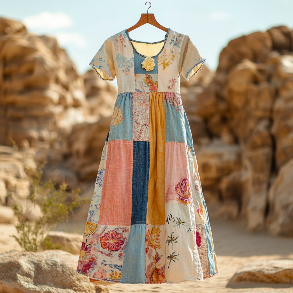 Vestido Feminino Curto Manga Curta em Algodão e Linho com Retalhos Florais Boêmios 9338