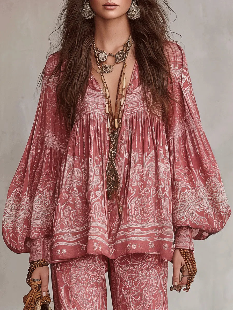 Conjunto Boho Chic Floral Estampado Paisley Relaxado