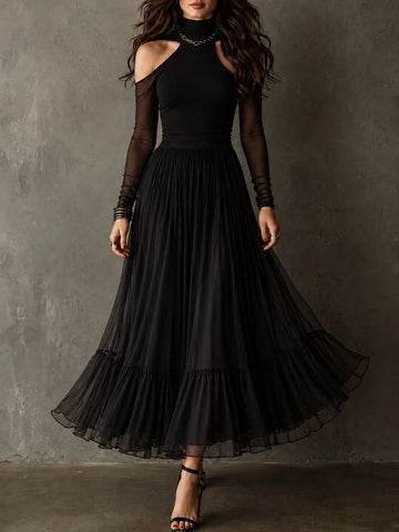 Vestido longo plissado retrô elegante preto com manga de tela