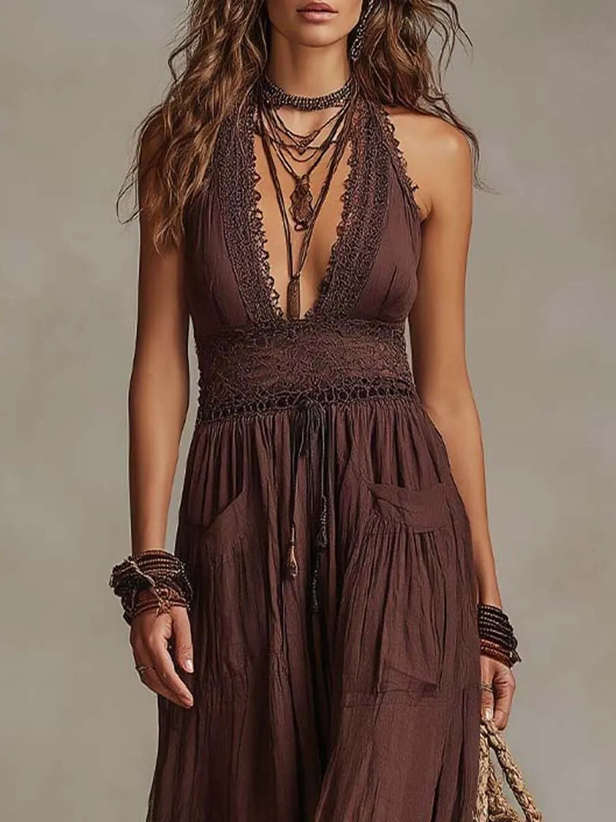 Robe longue bohème en dentelle de coton et lin à licou