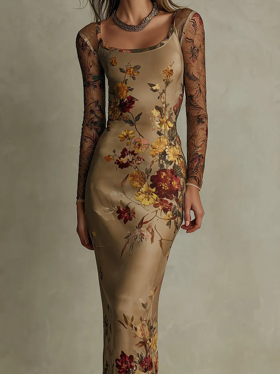 Robe midi vintage en satin fleuri et manches en dentelle transparente