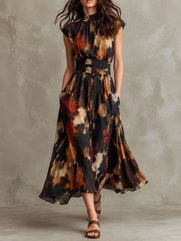 Vestido Midi Vintage com Estampa Tinta Espirrada, Cintura Franzida e Manga Curta