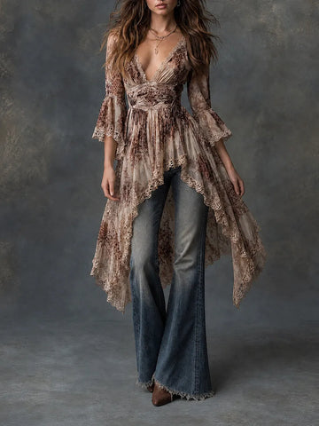 Vestido Túnica Boho Floral em Renda com Barra Assimétrica