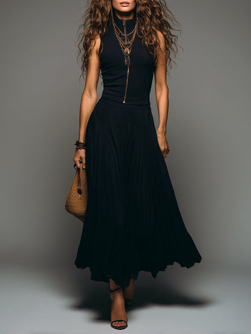 Ensemble haut slim à col montant zippé style rétro et jupe longue plissée