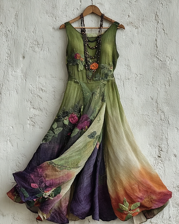 Vestido de Renda Elegante Verde e Roxo 3931