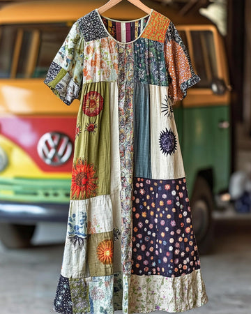 Vestido de verão solto de algodão e linho com patchwork c308