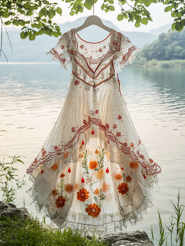 Vestido de Verão com Babados e Renda Contraste de Cores c267