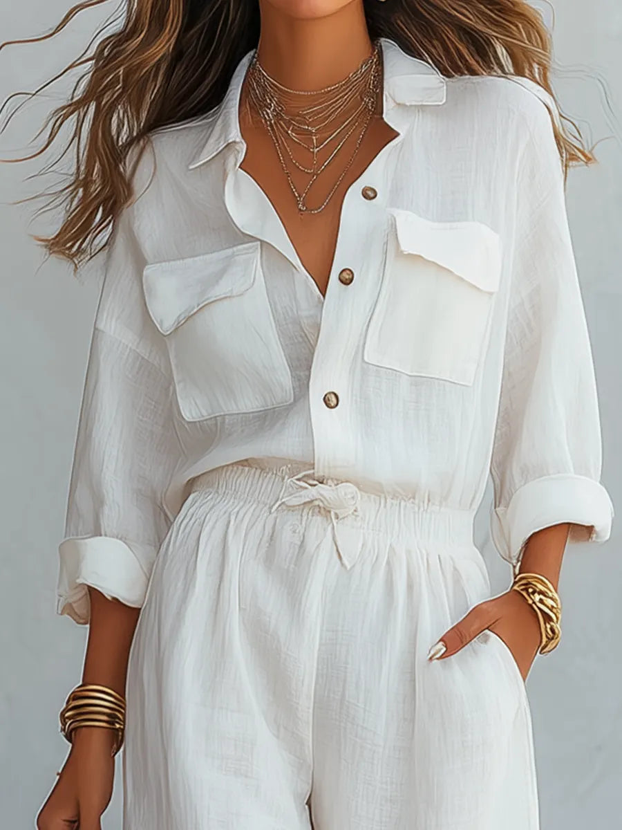 Ensemble chemise élégante et pantalon large orné de dentelle