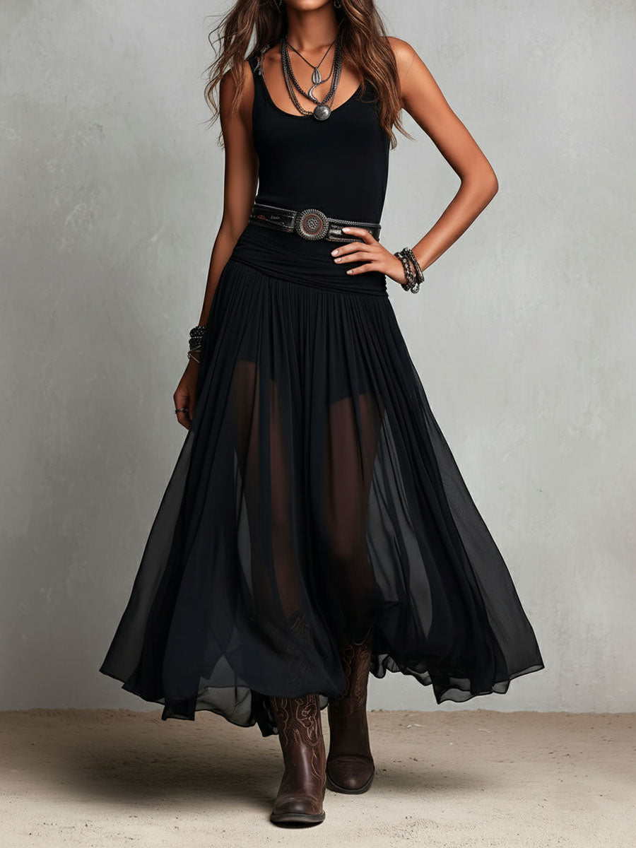 Vestido Longo Boho Western Preto Elástico com Saia Transparente