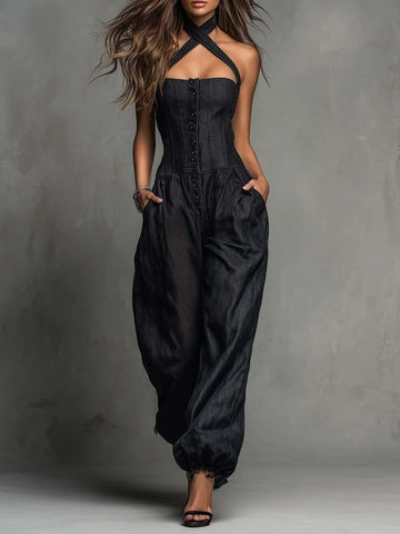 Macacão Jeans Tencel de Perna Larga com Bolsos, Corset, Botões Frontais e Alças Cruzadas