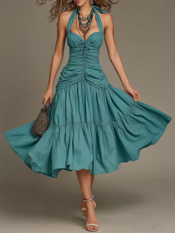 Vestido Midi Boêmio de Algodão e Linho com Alça Halter e Camadas Franzidas