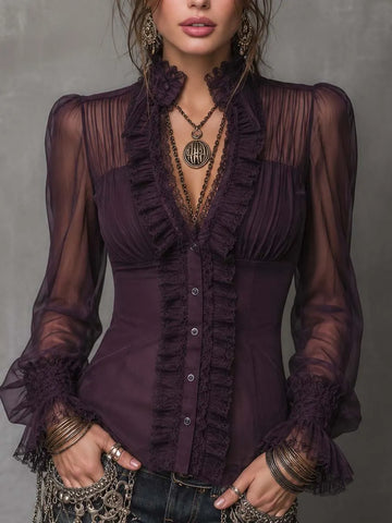Blusa Gótica Transparente de Chiffon com Gola V, Botões Frontais, Detalhes de Renda e Mangas Longas com Punhos Vazados
