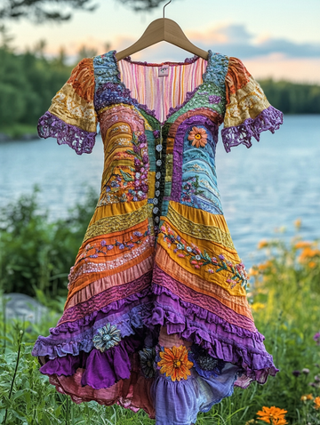 Vestido com babados e renda de cor contrastante para as férias de verão 8f7b