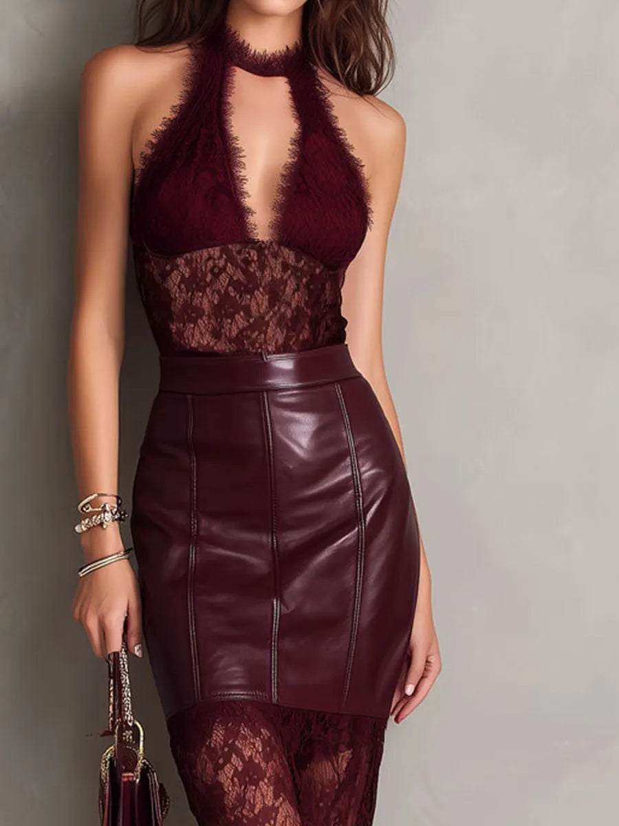 Retro Elegant Burgundy Lace And Faux Leather Halter Midi Dress