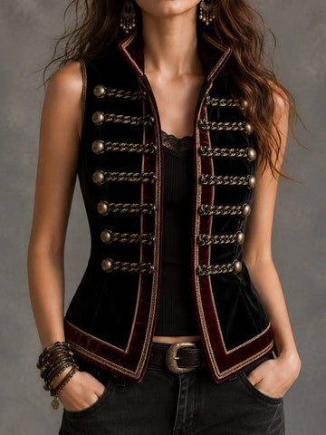 Retro Black Velvet Stand Collar Gold Braided Trim Double Breasted Waistcoat