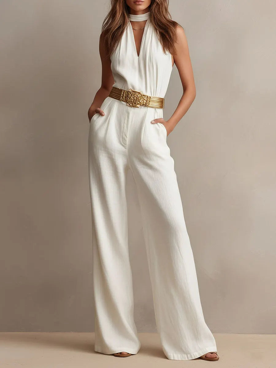 Vintage Boho White Halter Wide-Leg One Piece Jumpsuit