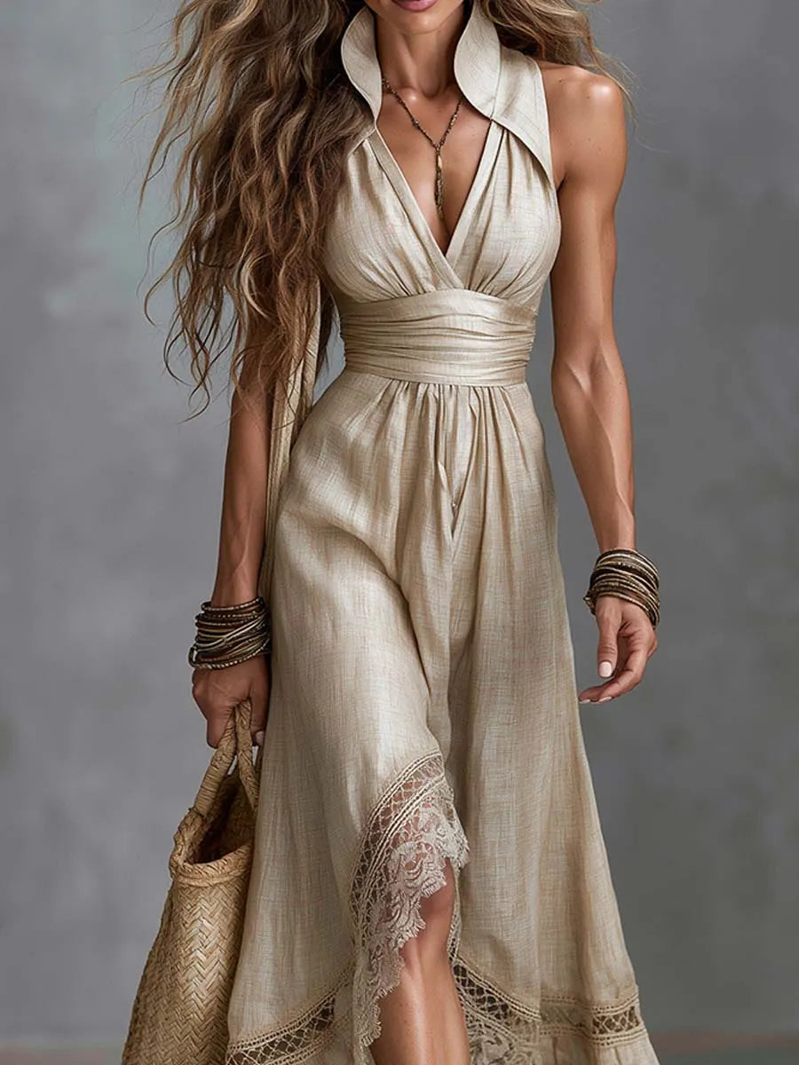 Vestido Midi Boho com Decote V Profundo e Barra de Renda, Gola Halter e Linho