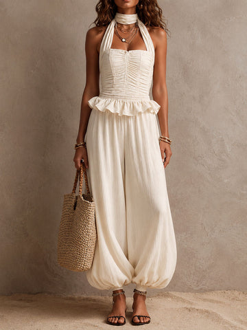 Macacão Harem Boho Ivory com Peplum franzido na cintura e gola Halter