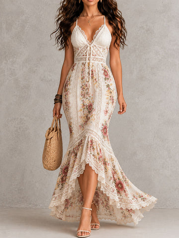 Robe longue sirène bohème romantique à imprimé floral et dentelle